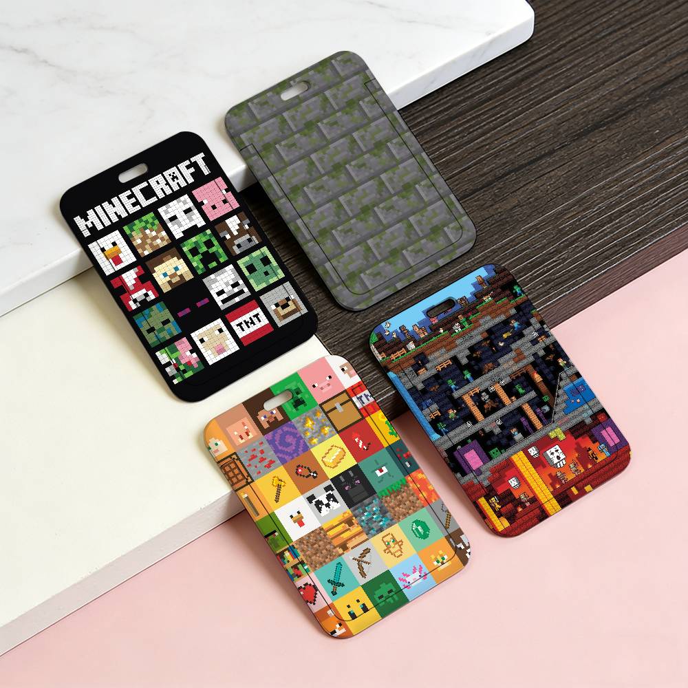 Gaming Console For Minecraft - クラシックゲームM-Minecraft-ES透明カードホルダー従業員用プラスチック製スライドカバーランヤードワークビジネスIDバッグバス